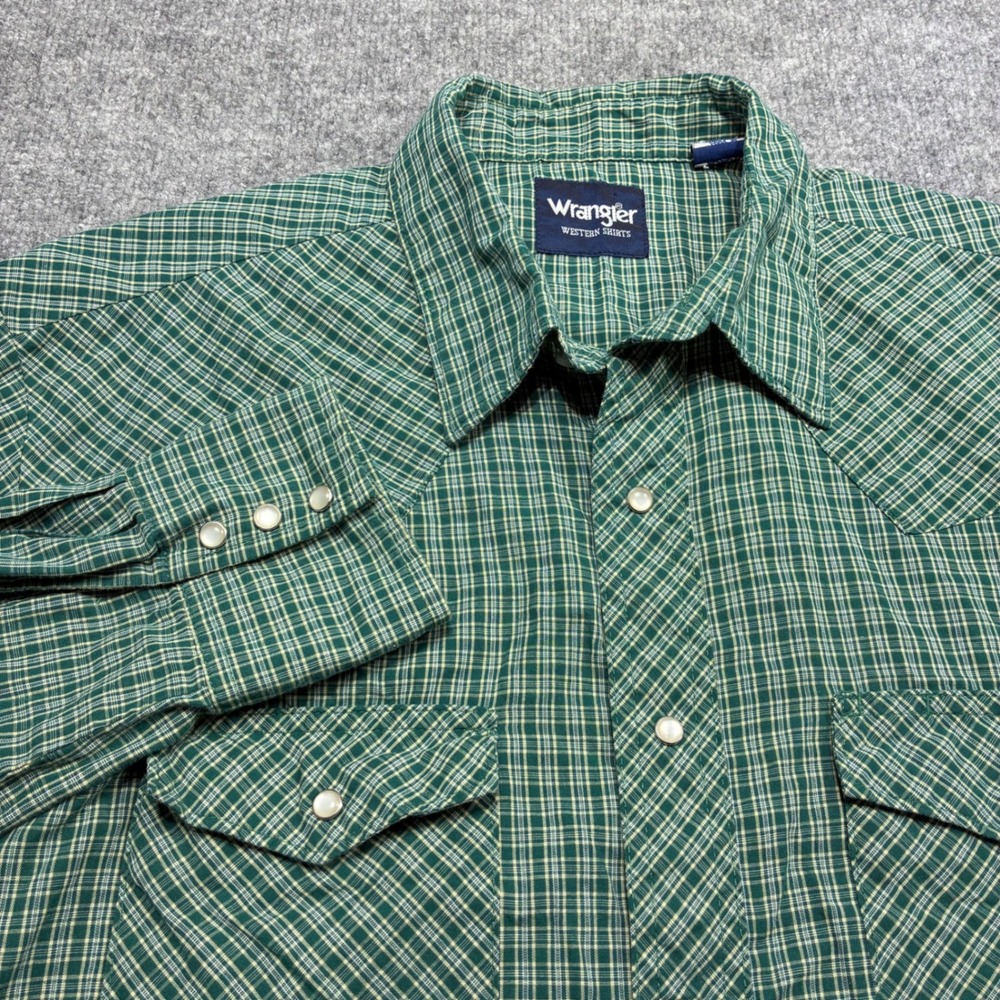 Wrangler Western Pearl Snap Shirt Mens XL Green Plaid Long Sleeve Cowboy‎